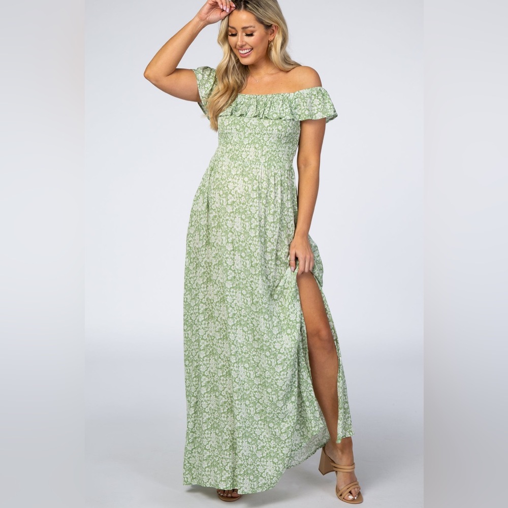 Green Floral Ruffle Off Shoulder Maternity Maxi Dress Promesa Large